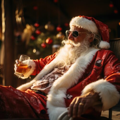 Santa Claus on the beach relaxing on a sunbed in the beach. Christmas Vacation Santa Claus on the beach relaxing on a sunbed in the beach. Christmas Vacation